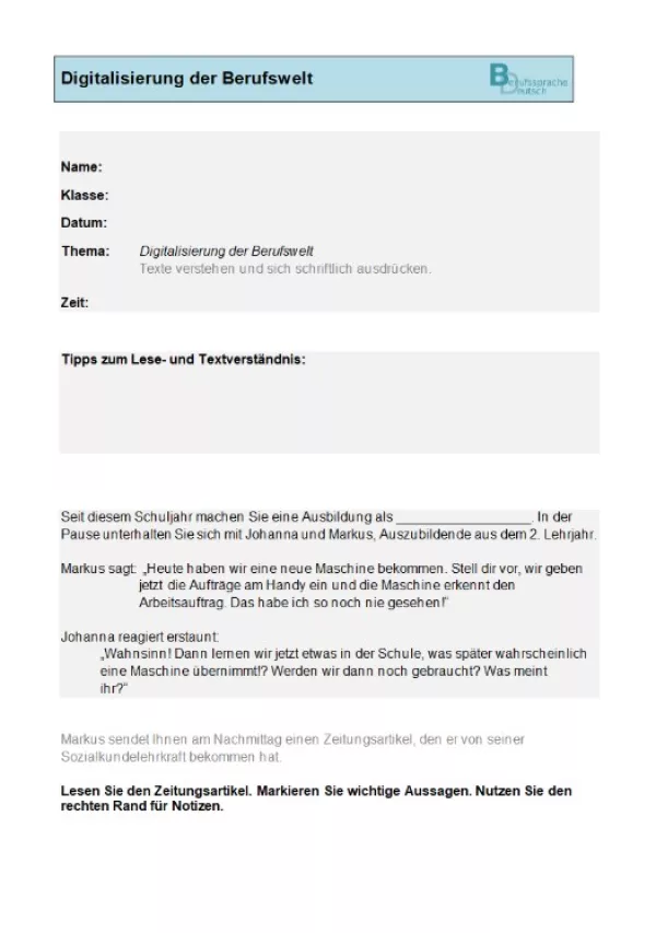 Arbeitsblatt: Lernstandsfeststellung: Digitalisierung der Berufswelt: Paper-Pencil-Test mit Bewertungshinweisen