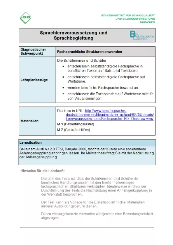 Unterrichtsplanung: Lernstandsfeststellung: Fachsprachliche Strukturen anwenden: Didaktischer Kommentar