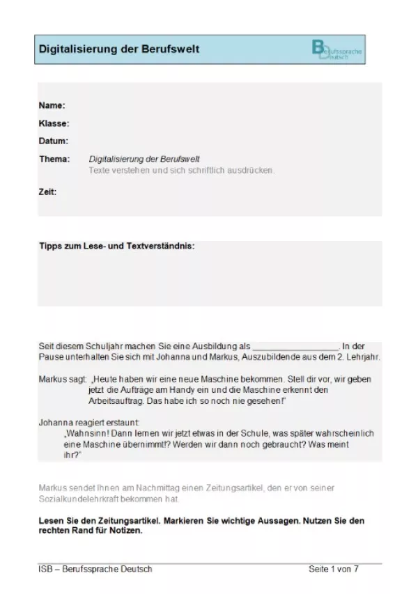 Arbeitsblatt: Lernstandsfeststellung: Digitalisierung der Berufswelt: Paper-Pencil-Test