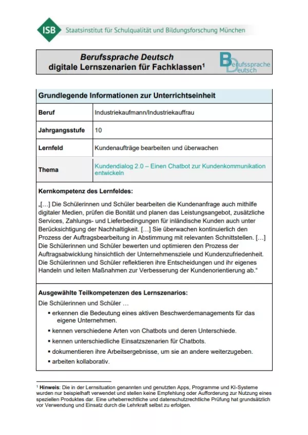 Unterrichtsplanung: Kundendialog 2.0 - Einen Chatbot zur Kundenkommunikation entwickeln (DOCX)