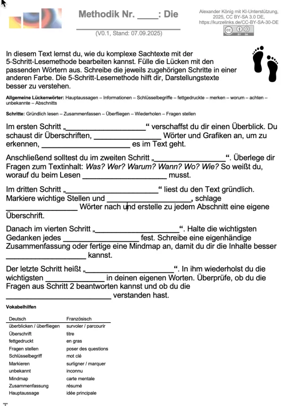Arbeitsblatt: 5 - Schritt - Lesemethode - Arbeitsblatt