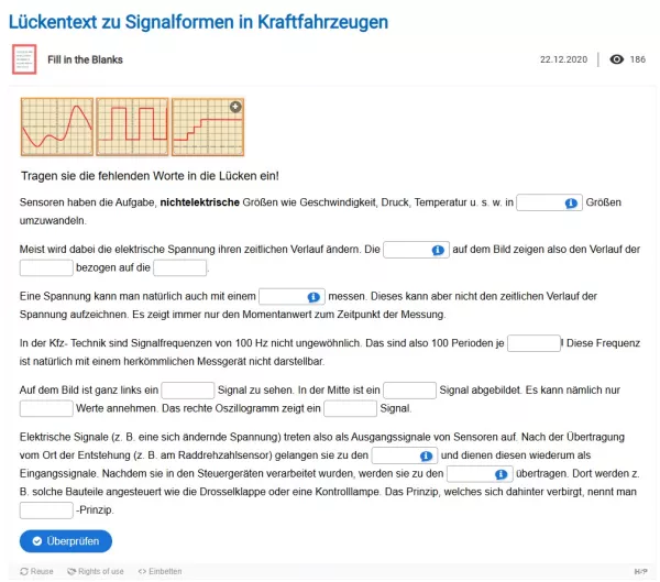 Interaktion: Lückentext zu Signalformen in Kraftfahrzeugen