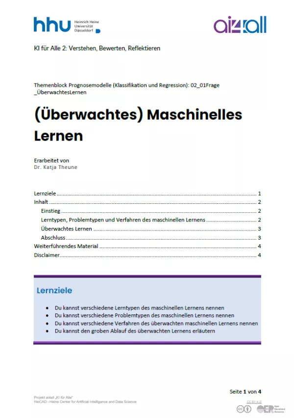 Kurs: Prognosemodelle: Klassifikation und Regression | 01 | (Überwachtes) Maschinelles Lernen (PDF)