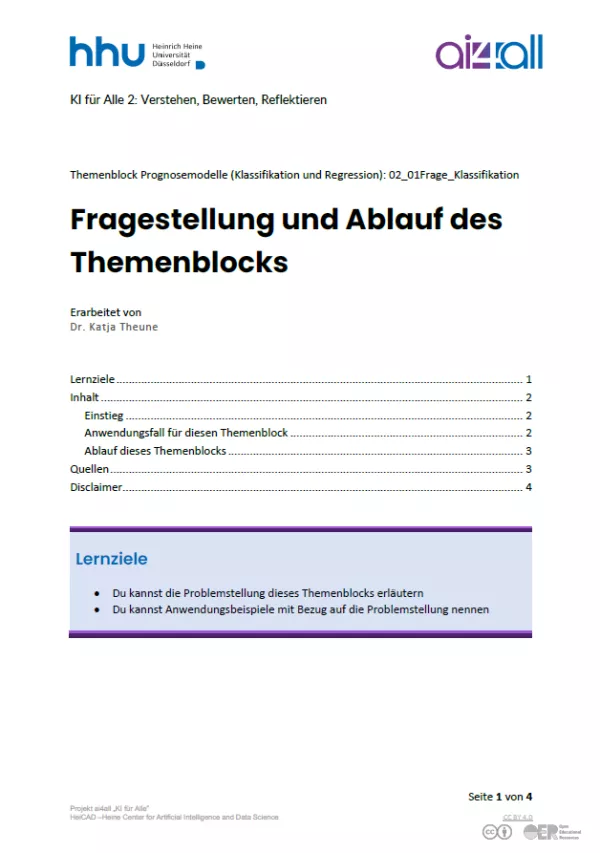 Kurs: Prognosemodelle: Klassifikation und Regression | 01 | Fragestellung und Ablauf des Themenblocks (PDF)