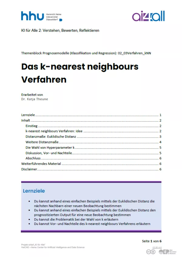 Kurs: Prognosemodelle: Klassifikation und Regression | 03 | Das k-nearest neighbours Verfahren (PDF)