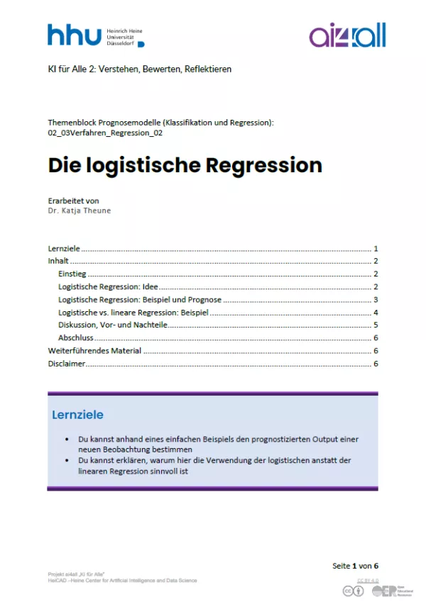 Kurs: Prognosemodelle: Klassifikation und Regression | 03 | Die logistische Regression (PDF)
