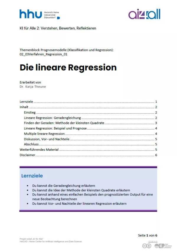 Kurs: Prognosemodelle: Klassifikation und Regression | 03 | Die lineare Regression (PDF)