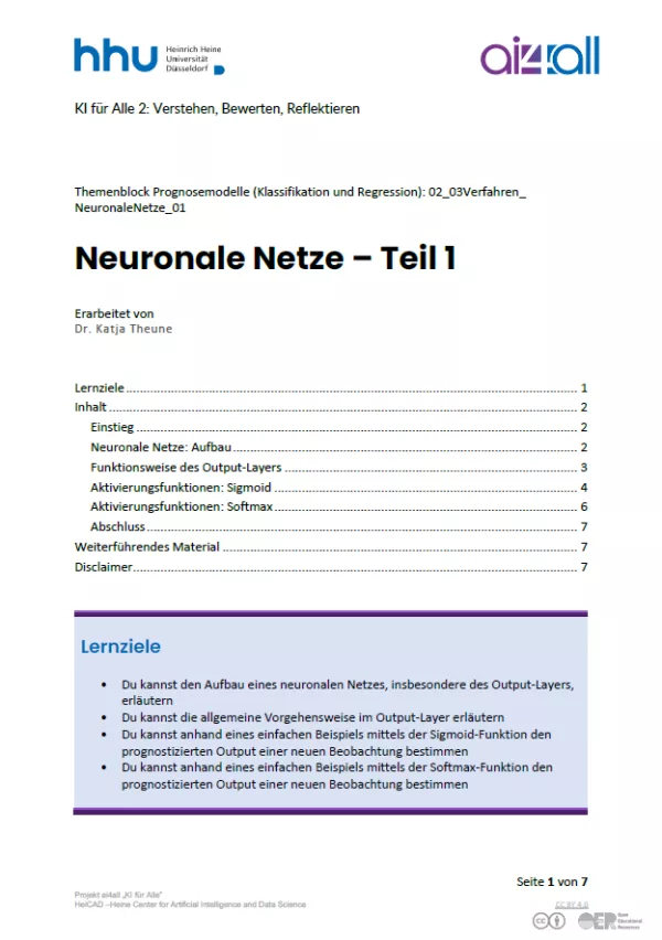 Kurs: Prognosemodelle: Klassifikation und Regression | 03 | Neuronale Netze - Teil 1 (PDF)