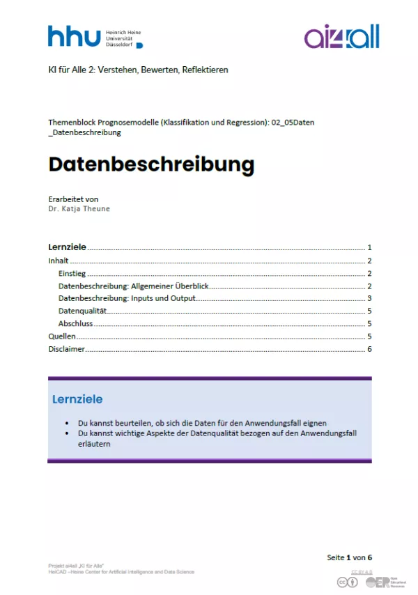 Kurs: Prognosemodelle: Klassifikation und Regression | 05 | Datenbeschreibung (PDF)