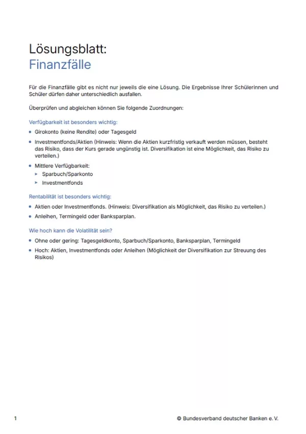 Arbeitsblatt: Finanzen gestalten | Finanzfälle (Lösungsblatt)