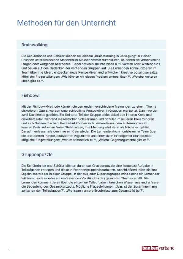 Unterrichtsplanung: Geld im Unterricht | Methoden