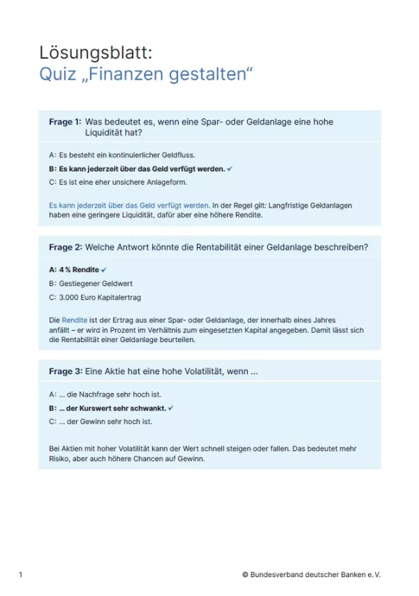 Arbeitsblatt: Finanzen gestalten | Interaktives Quiz (Lösungsblatt)