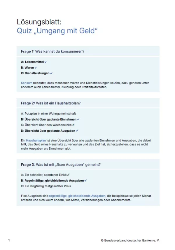 Arbeitsblatt: Umgang mit Geld | Interaktives Quiz (Lösungsblatt)