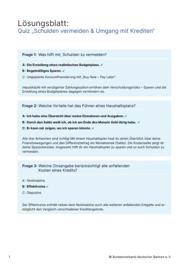 Arbeitsblatt: Schulden vermeiden | Interaktives Quiz (Lösungsblatt)