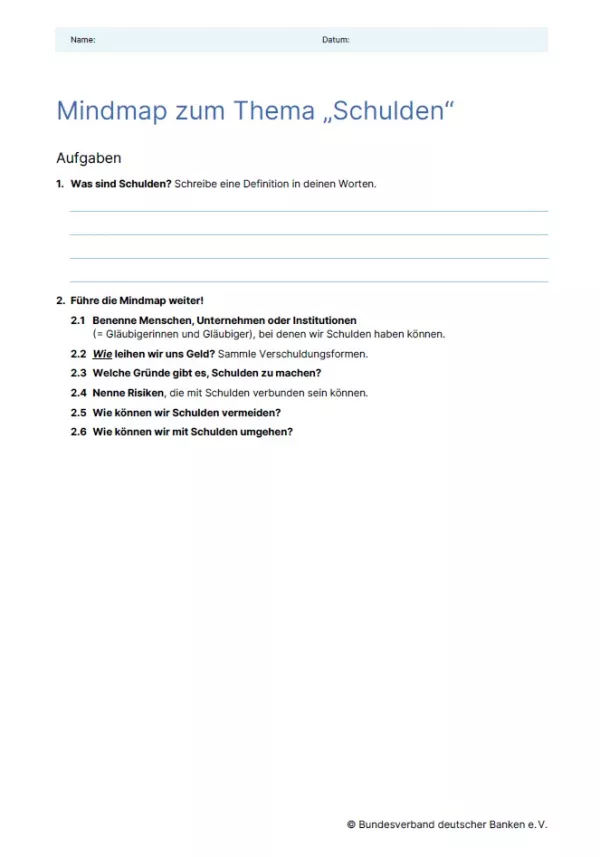 Arbeitsblatt: Schulden vermeiden | Mindmap (Arbeitsblatt)