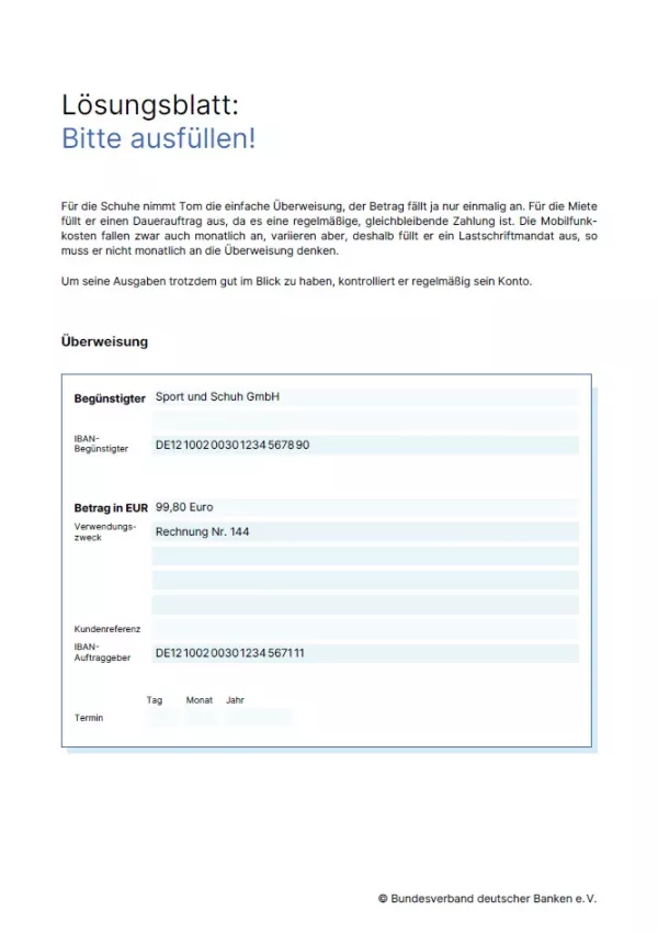 Arbeitsblatt: Zahlungsverkehr | Ausfüllen bitte! (Lösungsblatt)