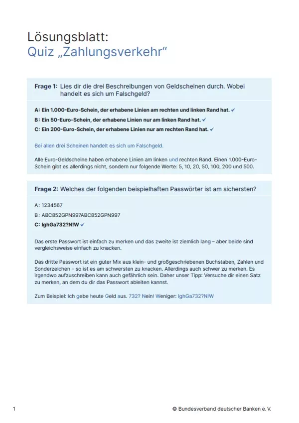 Arbeitsblatt: Zahlungsverkehr | Interaktives Quiz (Lösungsblatt)