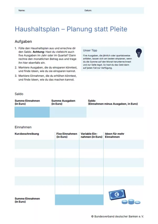 Arbeitsblatt: Umgang mit Geld | Haushaltsplan (Arbeitsblatt)