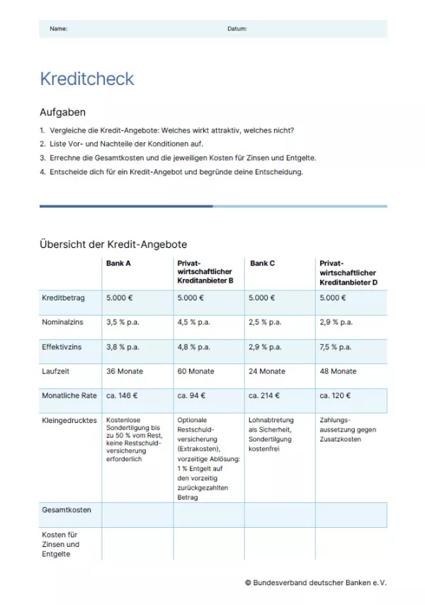 Arbeitsblatt: Schulden vermeiden | Kreditcheck (Arbeitsblatt)