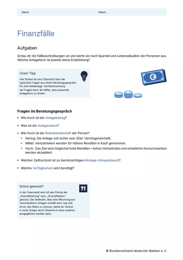 Arbeitsblatt: Finanzen gestalten | Finanzfälle (Arbeitsblatt)