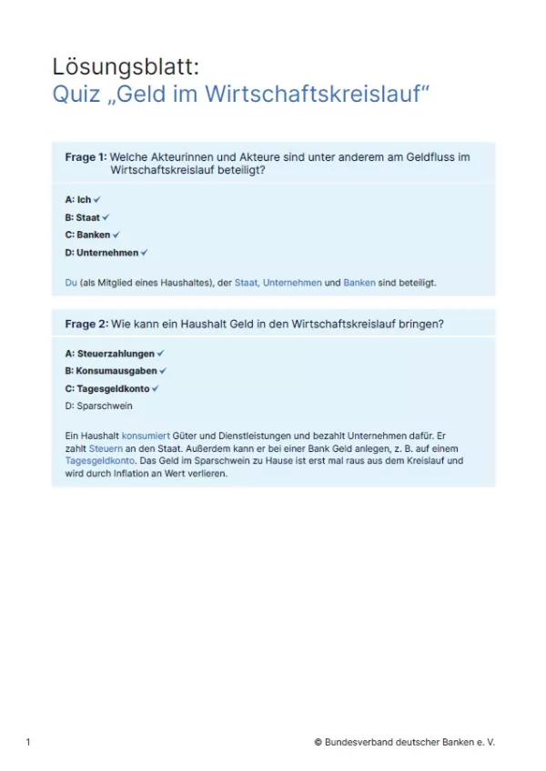 Arbeitsblatt: Geld im Wirtschaftskreislauf | Interaktives Quiz (Lösungsblatt)