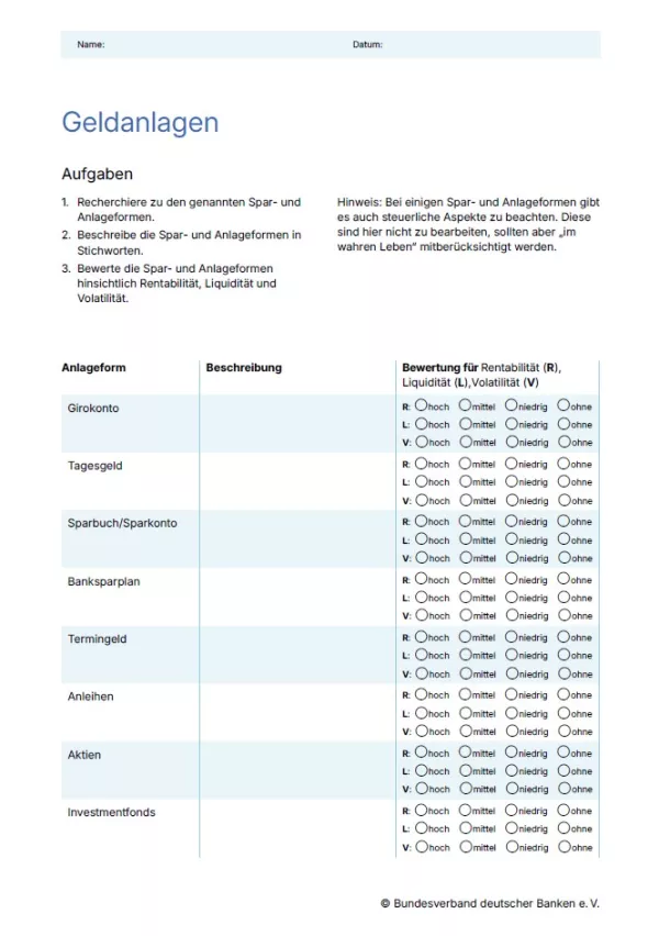 Arbeitsblatt: Finanzen gestalten | Geldanlagen (Arbeitsblatt)