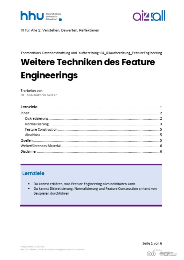 Kurs: Datenbeschaffung und -aufbereitung | 04 | Weitere Techniken des Feature Engineerings (PDF)