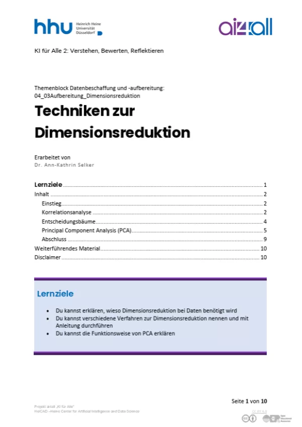 Kurs: Datenbeschaffung und -aufbereitung | 04 | Techniken zur Dimensionsreduktion (PDF)