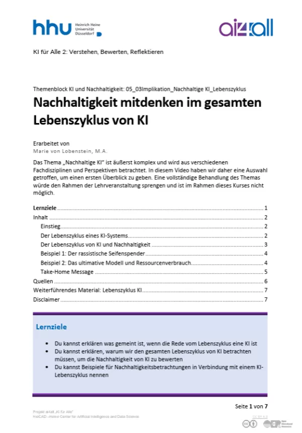 Kurs: KI und Nachhaltigkeit | 05 | Nachhaltige KI: Lebenszyklus (PDF)