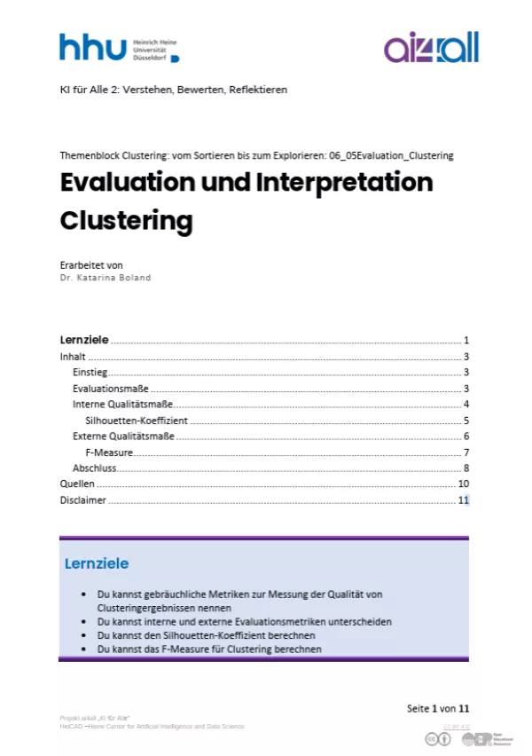 Kurs: Clustering: vom Sortieren bis zum Explorieren | 04 | Evaluation und Interpretation Clustering (PDF)
