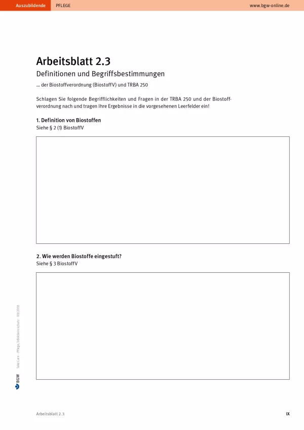 Arbeitsblatt: Take Care Infektionsschutz: Definitionen und Begriffsbestimmungen (Arbeitsblatt 2.3)