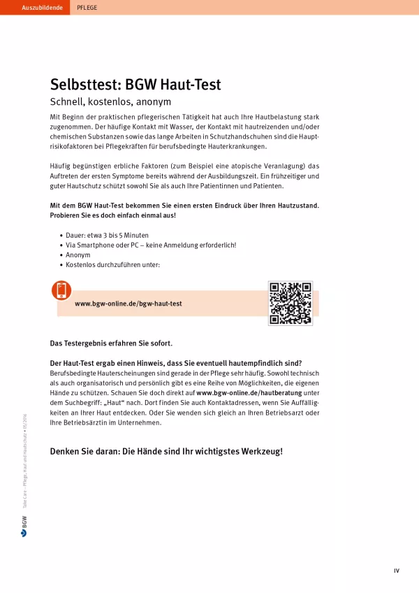 Arbeitsblatt: Take Care Haut und Hautschutz: Selbsttest: BGW Haut-Test (Infoblatt für Auszubildende)