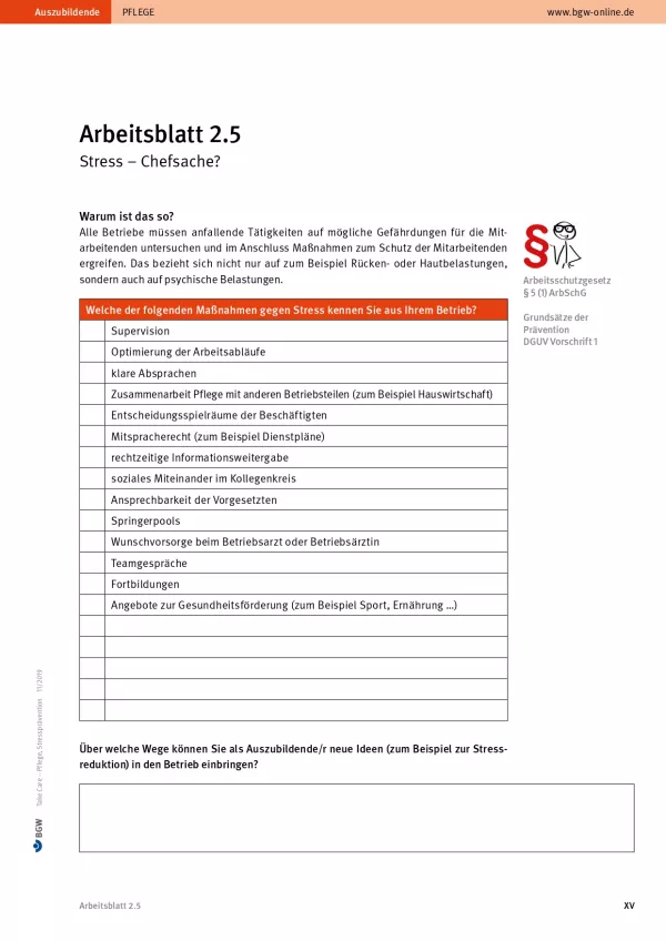 Arbeitsblatt: Take Care Stressprävention: Stress - Chefsache? (Arbeitsblatt 2.5)