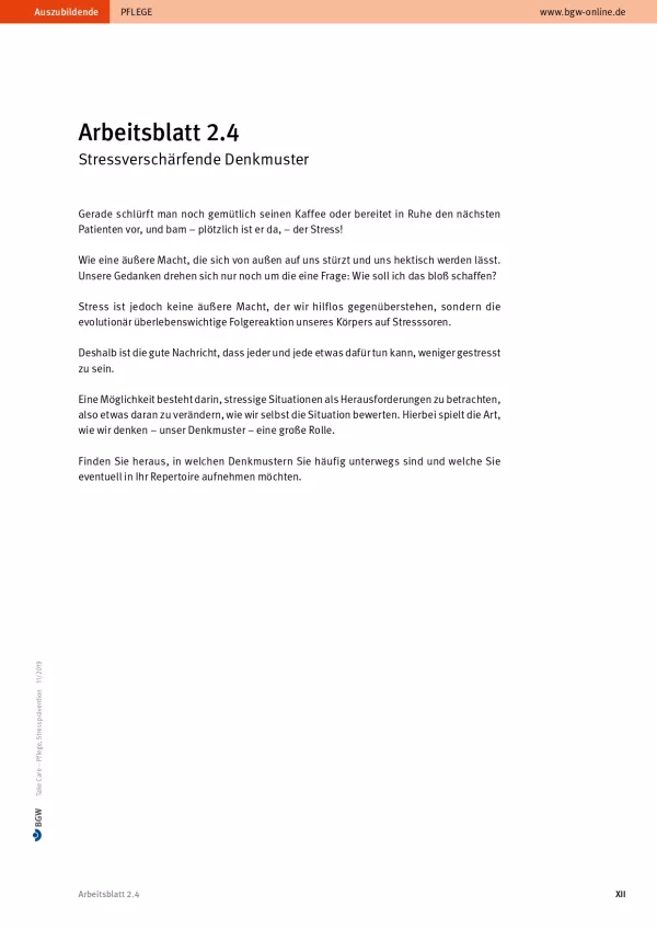 Arbeitsblatt: Take Care Stressprävention: Stressverschärfende Denkmuster (Arbeitsblatt 2.4)