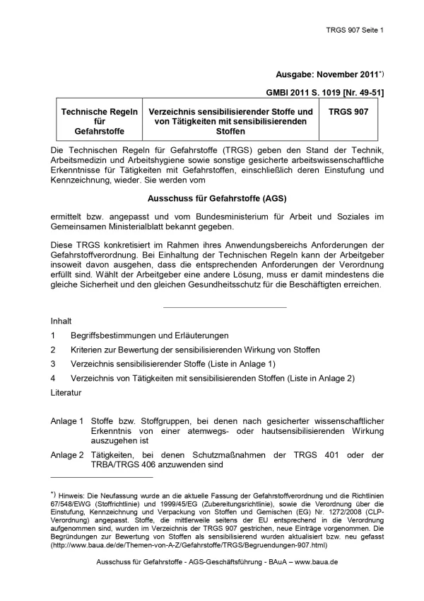 Broschuere: Technische Regeln für Gefahrstoffe: Verzeichnis sensibilisierender Stoffe und von Tätigkeiten mit sensibilisierenden Stoffen