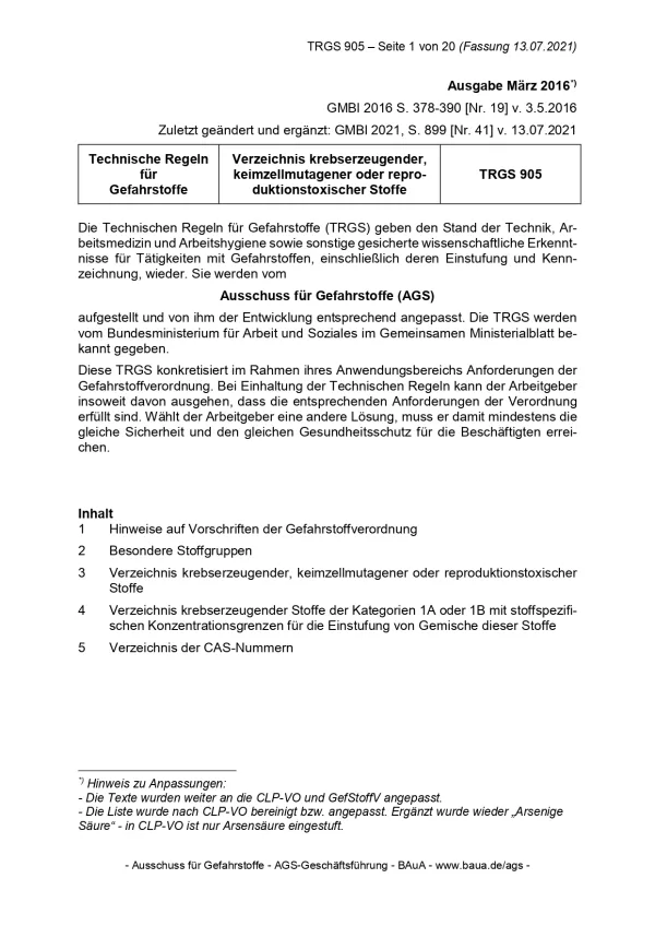 Broschuere: Technische Regeln für Gefahrstoffe: Verzeichnis krebserzeugender, keimzellmutagener oder reproduktionstoxischer Stoffe