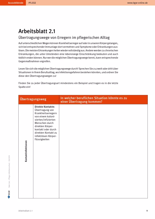 Arbeitsblatt: Take Care Infektionsschutz: Übertragungswege von Erregern im pflegerischen Alltag (Arbeitsblatt 2.1)