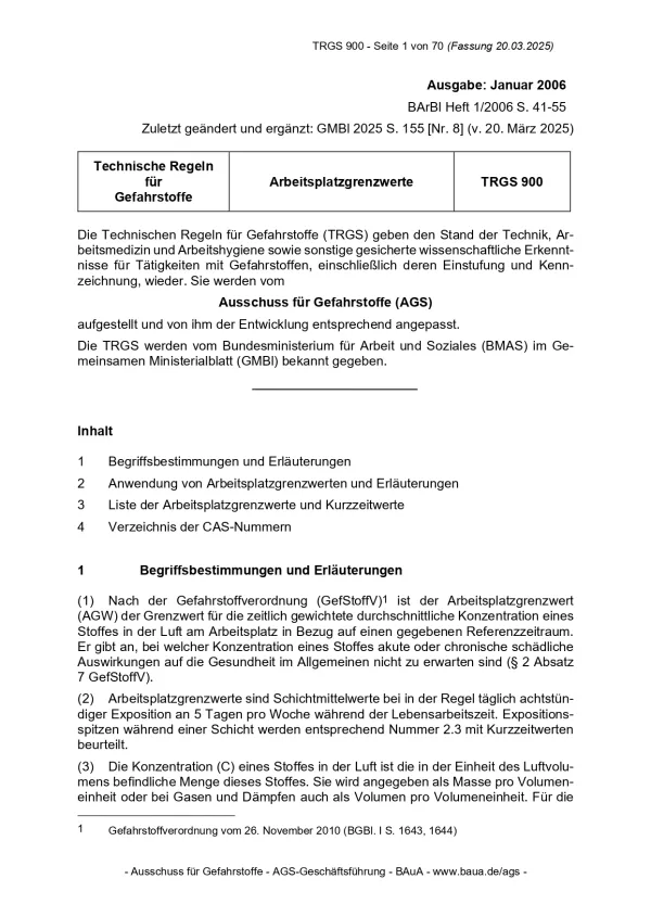 Broschuere: Technische Regeln für Gefahrstoffe: Arbeitsplatzgrenzwerte