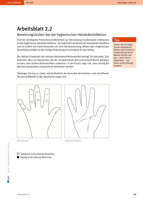 Arbeitsblatt: Take Care Infektionsschutz: Benetzungslücken bei der hygienischen Händedesinfektion (Arbeitsblatt 2.2)