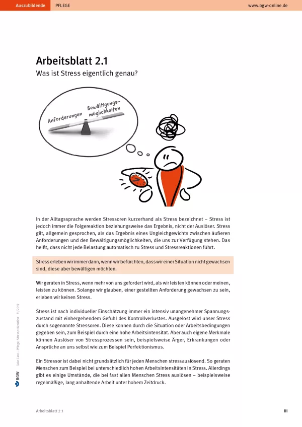 Arbeitsblatt: Take Care Stressprävention: Was ist Stress eigentlich genau? (Arbeitsblatt 2.1)