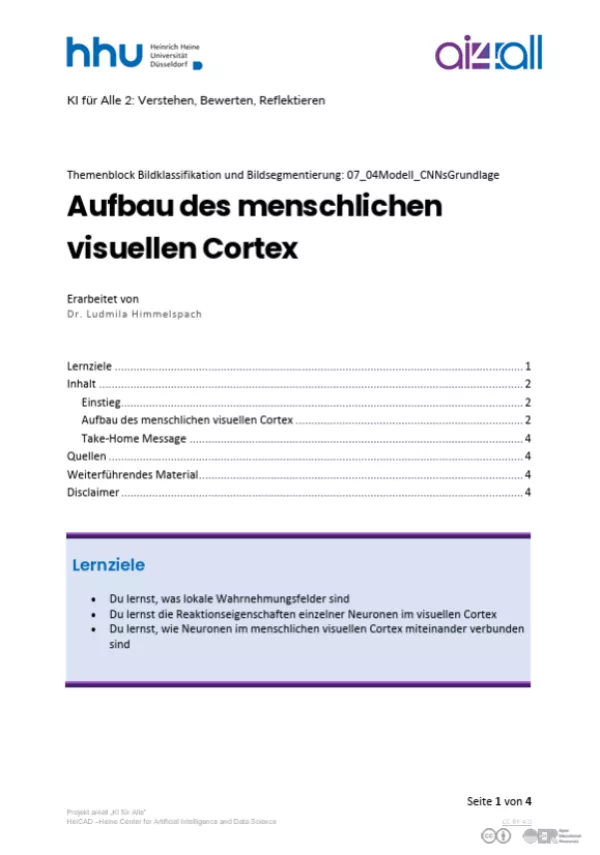 Kurs: Bildklassifikation und Bildsegmentierung | 05 | Aufbau des menschlichen visuellen Cortex (PDF)