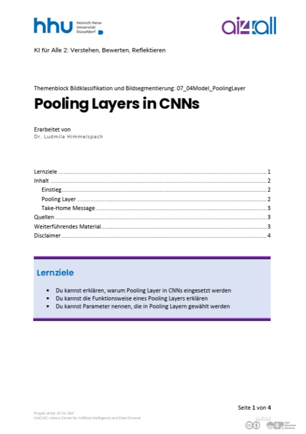 Kurs: Bildklassifikation und Bildsegmentierung | 05 | Pooling Layers in CNNs (PDF)
