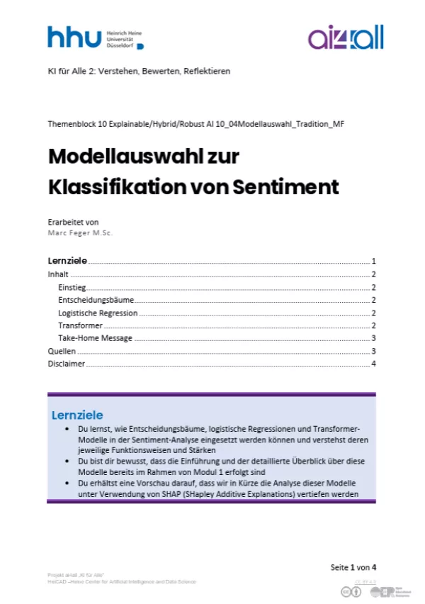 Kurs: Explainable, Hybrid, Robust AI | 04 | Modellauswahl zur Klassifikation von Sentiment (PDF)