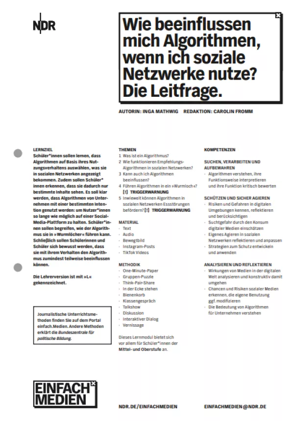 Unterrichtsplanung: Algorithmen in Medien | Lehrerversion