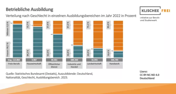 Infografik: Betriebliche Ausbildung | Abbildung 1 | Verteilung nach Geschlecht in einzelnen Ausbildungsbereichen im Jahr 2022