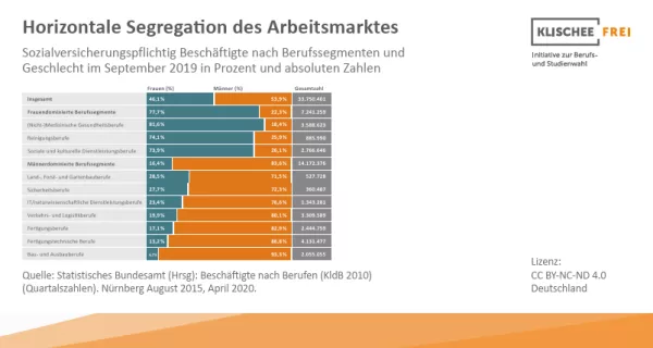 Infografik: Horizontale Segregation des Arbeitsmarktes | Abbildung 1 | Sozialversicherungspflichtig Beschäftigte nach Berufssegmenten und Geschlecht