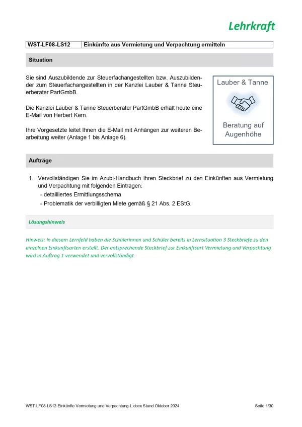 Unterrichtsbaustein: Einkünfte aus Vermietung und Verpachtung ermitteln (Version Lehrkraft) (PDF, barrierefrei)