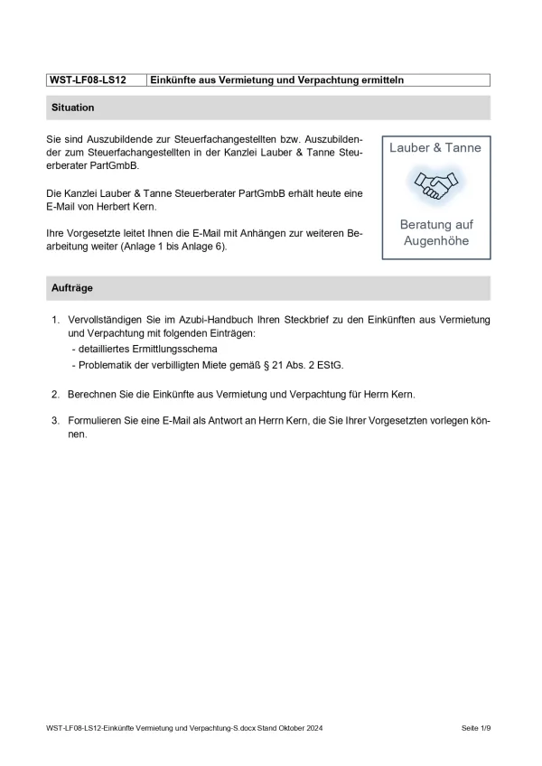 Unterrichtsbaustein: Einkünfte aus Vermietung und Verpachtung ermitteln (Version Schüler/in) (DOCX)