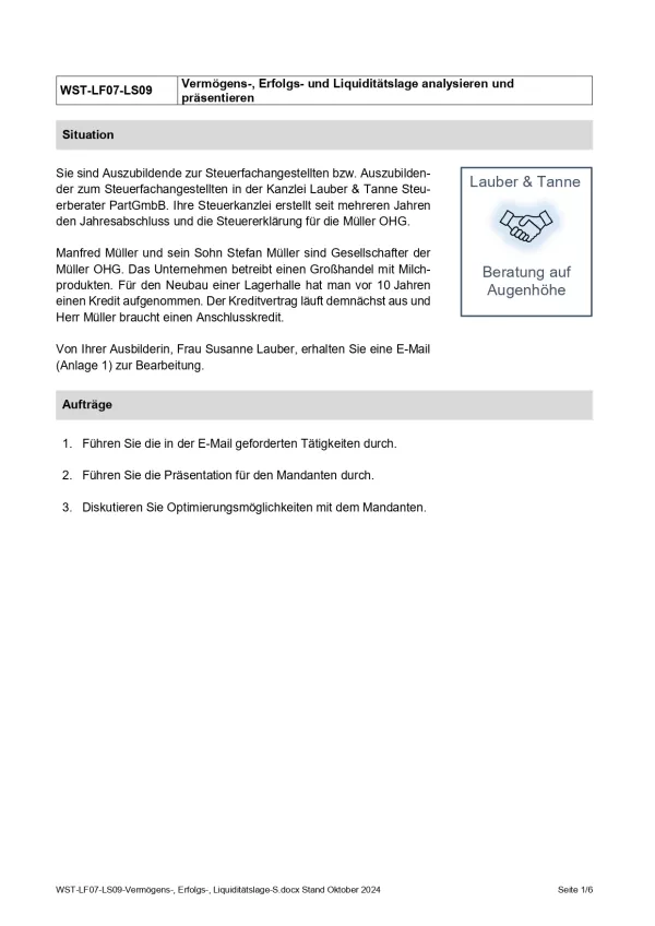 Unterrichtsbaustein: Vermögens-, Erfolgs- und Liquiditätslage analysieren und präsentieren (Version Schüler/in) (DOCX)