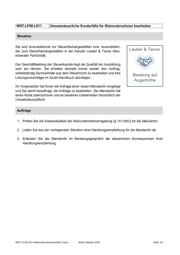 Unterrichtsbaustein: Umsatzsteuerliche Sonderfälle für Kleinunternehmer bearbeiten (Version Schüler/in) (PDF, barrierefrei)